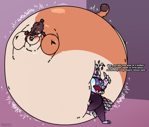 air_inflation ambiguous_gender anthro belly belly_expansion big_belly blush body_inflation cheek_blush close_to_bursting creaking duo expansion female fur huge_belly hyper hyper_belly hyper_inflation immobile implied_popping inflation motion_lines orange_body orange_fur rumbling spherical_inflation teasing text white_text vorchitect amadeus_(lorejuniper) lore_(lorejuniper) avian bird felid feline galliform lynx mammal peafowl phasianid 2026 comic_sans hi_res nonbinary_(lore) trans_(lore) trans_woman_(lore)
