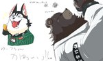 anthro brown_body brown_fur clothing duo feral fur jacket male text topwear white_clothing white_jacket white_topwear namabito mihoyo zenless_zone_zero ben_bigger howl_(zenless_zone_zero) bear canid canine canis domestic_dog mammal hi_res japanese_text