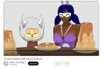 anthro big_breasts breasts duo fake_ears fake_rabbit_ears female food horn male male/female pancake text amoroussheep asher_(amoroussheep) cupid_(cupidlovebunny) bovid caprine human humanoid mammal scruffin sheep english_text hi_res