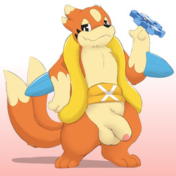 2_tails balls foreskin fur gear genitals glans_peek half-erect humanoid_genitalia humanoid_penis male multi_tail nude orange_body penis simple_background solo standing tail miau nintendo pokemon floatzel generation_4_pokemon pokemon_(species) absurd_res hi_res