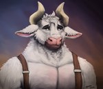 anthro fur horn male muscular muscular_male shirtless smile smiling_at_viewer solo suspenders white_body white_fur danero european_mythology greek_mythology minotaur_hotel mythology asterion_(minotaur_hotel) bovid bovine mammal minotaur bust_portrait portrait