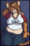 anthro belly black_border blush border bottomwear breasts brown_stripes clothed clothing collarbone denim denim_bottomwear denim_clothing female fur green_eyes hair jeans midriff multicolored_hair orange_body orange_fur overweight overweight_anthro overweight_female pants paws pose shirt slightly_chubby slightly_chubby_female smile smirk solo standing stripes t-shirt text text_on_clothing text_on_shirt text_on_topwear topwear two_tone_hair ohlordyit'sjordie lisa_(tiger) felid mammal pantherine tiger english_text hi_res trans_(lore) trans_woman_(lore)