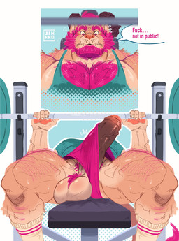 anthro ball_slip ball_tuft balls barazoku barbell beard bench big_balls big_muscles big_penis blue_background bodily_fluids body_hair border bottomwear chest_hair claws clothed clothing cutaway dialogue erection erection_under_clothing exercise eyebrows facial_hair flying_sweatdrops footwear foreskin fur genitals glans hair horn hotpants huge_balls huge_muscles huge_penis humanoid_genitalia humanoid_penis ineffective_clothing knee_highs knee_socks leg_hair legwear looking_down lying male mane manly muscular muscular_anthro muscular_male no_underwear on_back pecs penis penis_poking_out profanity pubes quads saggy_balls sexercise shirt shorts simple_background socks solo sweat sweatdrop tank_top text thick_penis thick_thighs topwear tuft uneven_balls unwanted_erection vein wardrobe_malfunction weight_bench weightlifting weights white_border workout ginkko felid lion mammal pantherine 2026 english_text hi_res watermark