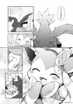 3_toes ambiguous_gender cjk_character daww dialogue duo eyes_closed feet forest kemono open_mouth open_smile plant scar smile text toes tree azuma_minatsu nintendo pokemon eeveelution generation_5_pokemon generation_6_pokemon hydreigon pokemon_(species) sylveon 2019 black_and_white comic greyscale japanese_text monochrome translation_request