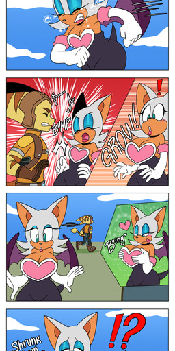 anthro big_breasts bodily_fluids boots breast_expansion breasts breasts_shrinking bumping clothing duo expansion female footwear gloves handwear holding_breast male running sad shoes small_breasts sound_effects tears ninotrash ratchet_and_clank sega sonic_the_hedgehog_(series) sony_corporation sony_interactive_entertainment ratchet_(ratchet_and_clank) rouge_the_bat bat lombax mammal absurd_res comic crossover hi_res