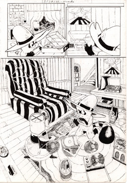 anthro chair closed_smile clothing furniture furniture_lamp hat hat_only headgear headgear_only headwear headwear_only inside kneeling lamp listening_to_music male mostly_nude mouth_closed record record_player rug simple_eyes smile solo striped_chair turntable_(record_player) vinyl_record munchzart kibo_(munchzart) mammal procyonid raccoon 2022 absurd_res black_and_white comic dated hi_res huge_filesize monochrome traditional_media_(artwork)