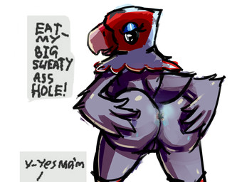 anal anal_request anthro anus beak big_butt breasts butt dialogue feathers female genitals looking_at_viewer looking_back non-mammal_breasts nude oral_request requesting rimming_request sex_request simple_background solo text vulva boiful animal_crossing nintendo amelia_(animal_crossing) accipitrid accipitriform avian bird caracara eagle falconid northern_crested_caracara 2018 digital_media_(artwork) english_text