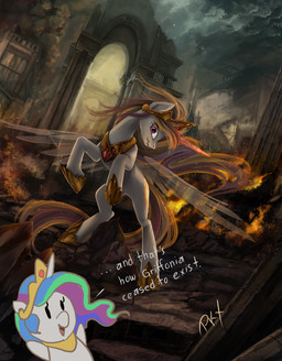 arch chibi column crown duo feathered_wings feathers female feral fire fur gem glowing glowing_horn gold_(metal) headgear horn jewelry mane necklace purple_eyes rock ruby_(gem) ruins smoke stairs white_body white_feathers white_fur wings ponykillerx friendship_is_magic hasbro my_little_pony mythology princess_celestia_(mlp) equid equine mammal mythological_creature mythological_equine winged_unicorn 2016 hi_res