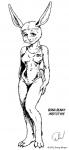 anthro clothing female one-piece_swimsuit solo swimwear text doug_winger boink_bunny lagomorph leporid mammal rabbit 1993 english_text monochrome