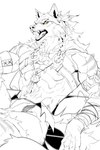 anthro braided_hair fangs hair jewelry male muscular navel necklace nipples open_mouth pecs sitting solo teeth yellow_eyes yifeng_lz canid mammal 2024 black_and_white hi_res monochrome