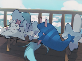 3_fingers ambiguous_gender anthro bench blue_body blue_hair detailed_background eyelashes fence fingers fish_tail flippers gem hair long_hair lying lying_on_bench mermaid_tail on_side open_mouth pearl_(gem) pink_nose ponytail sea sleeping solo starfish_(accessory) water white_body white_eyelashes osknoic nintendo pokemon aquatic asterozoan echinoderm generation_7_pokemon pokemon_(species) primarina starfish 2026 4:3 adversarial_noise widescreen