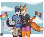 anthro bottomwear clothed clothing countershading duo flag flag_(object) fur fur_markings holding_flag holding_object humor lgbt_pride looking_at_viewer male male/male markings multicolored_clothing multicolored_shirt multicolored_t-shirt multicolored_text multicolored_topwear pansexual_pride_colors pride_color_clothing pride_color_flag pride_color_shirt pride_color_t-shirt pride_color_text pride_color_topwear pride_colors print_clothing pun rainbow rainbow_pride_colors shirt shorts simple_background six-stripe_rainbow_pride_colors skinny sky sky_background skyscape t-shirt text topwear waving_flag conditional_dnp grinn3r lgbt_pride_month canid canine canis domestic_dog fox husky mammal nordic_sled_dog spitz 2020