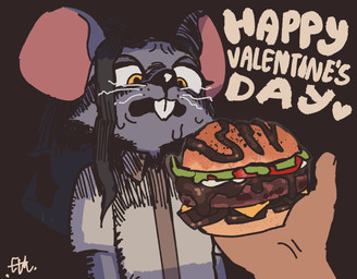 anthro bent_whiskers biped black_hair burger clothed clothed_anthro clothed_female clothing female fingers food front_view fur grey_body grey_fur hair holding_food holding_object holidays simple_background teeth whiskers el-k valentine's_day ratricia_(el-k) mammal mouse murid murine rodent 2026 digital_drawing_(artwork) digital_media_(artwork) hi_res