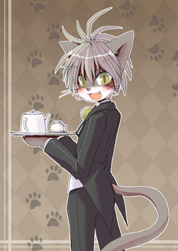 2000s_theme_background ambiguous_gender anthro black_tie_(suit) clothed clothing countershade_face countershading fully_clothed grey_hair hair kemono open_mouth open_smile smile solo suit uniz0u neko_kissa 2010