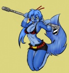 anthro belt bent_arm bent_legs big_breasts biped black_clothing blue_body blue_fur blue_hair blush bottomwear bra breasts butt clothed clothing cosplay female flame_bikini flame_pattern fur green_eyes hair holding_object holding_weapon humanoid_pointy_ears kneeling legs_together long_tail looking_at_viewer navel pointy_ears shorts skimpy solo tail underwear weapon adriky1012 skidd tengen_toppa_gurren_lagann kilika yoko_littner domestic_cat felid feline felis mammal artist_collaboration colored