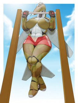 aircraft airplane anthro areola back_wings bottomwear breasts camo camo_body chin_up clothed clothing cloud cockpit curvy_figure exercise female fin gloves green_body handwear jet leg_fins machine metallic_body nipples not_furry shorts simple_background sky solo thick_thighs topless topless_anthro topless_female vehicle wheel wheel_feet wide_hips wings ndragon3 aeromorph living_aircraft living_machine living_vehicle digital_media_(artwork) hi_res