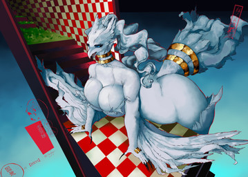 anthro bent_over bent_over_table big_breasts big_butt big_tail black_nails blue_eyes breasts butt checkered checkered_background checkered_wall colored_nails detailed_background feathers female gold_(metal) gold_jewelry huge_butt jewelry long_nails long_tail mature_female nails natural_breasts nude open_mouth pattern_background pink_tongue simple_background solo standing tail text tongue twitter_handle wings sarifairy nintendo pokemon generation_5_pokemon legendary_pokemon pokemon_(species) reshiram 2025 absurd_res digital_media_(artwork) english_text hi_res japanese_text signature