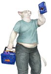 anthro basket belly blonde_hair bottomwear box clothed clothing container food fully_clothed fur groceries hair hairless holding_basket holding_box holding_container holding_object male overweight overweight_anthro overweight_male pants shirt shopping simple_background solo standing topwear white_background white_body white_fur cettus hakon_brandvold domestic_cat felid feline felis hairless_cat mammal peterbald 2022 hi_res