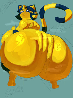 anthro ass_clapping big_breasts big_butt blue_hair blush bodily_fluids breasts butt butt_focus crouching female female_anthro glistening glistening_breasts glistening_butt grey_background hair huge_breasts huge_butt looking_at_viewer looking_back looking_back_at_viewer nude nude_anthro nude_female o3o simple_background solo sweat sweaty_breasts sweaty_butt tail text twerking yellow_body adawndraws animal_crossing nintendo ankha_(animal_crossing) felid feline mammal 2026 3:4 absurd_res digital_drawing_(artwork) digital_media_(artwork) english_text hi_res