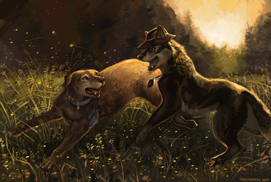 black_nose clothing collar duo eyewear fangs feral glasses grass hat headgear headwear outside plant teeth tongue trunorth ambient_arthropod ambient_firefly ambient_insect arthropod canid canine canis domestic_dog mammal wolf 2015 digital_media_(artwork) hi_res
