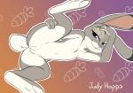 2017 3_toes 4_fingers anthro anus bedroom_eyes big_ears big_feet breasts butt carrot character_name chest_tuft dipstick_tail disney european_rabbit eyelashes feet female fingers flat_chested food fur genitals grey_body grey_fur half-closed_eyes hand_on_head hand_on_leg hand_on_thigh judy_hopps lagomorph leporid looking_at_viewer lying mammal markings multicolored_body multicolored_fur multicolored_tail narrowed_eyes navel nude one_leg_up oryctolagus pink_nose plant presenting presenting_pussy purple_eyes pussy rabbit raised_leg seductive simple_background smile solo suicidebones tail tail_markings text toes tuft vegetable white_body white_fur zootopia