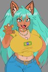 anthro belt blue_hair bottomwear brazilian_flag claws clothing collar colored_nails crop_top denim denim_bottomwear denim_clothing female fur hair jeans nails navel open_mouth painted_claws pants shirt solo teal_eyes teal_hair topwear waveringana yellow_clothing yellow_shirt yellow_topwear brazilian_miku vocaloid hatsune_miku canid mammal absurd_res hi_res