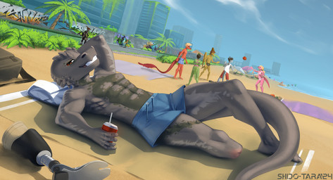 amputee anthro beach beach_towel beach_umbrella city city_background clothed clothing disability grey_body lying male on_back parasol partially_clothed prosthetic prosthetic_leg prosthetic_limb scales seaside smile solo sportswear towel conditional_dnp shido-tara goodbye_volcano_high ko_op_(game_developer) dinosaur prehistoric_species reptile scalie hi_res