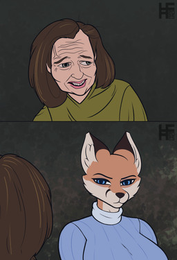 angry anthro awkward_smile big_breasts black_background black_nose blue_eyes breasts brown_body brown_fur brown_hair duo ears_up eye_contact female female_anthro female_human fur hair lips long_hair looking_at_another pink_lips simple_background vein white_body white_fur bishop_(artist) canid canine fox human mammal absurd_res hi_res meme