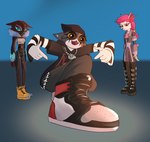 anthro clothing cross-popping_vein ear_piercing eyelashes facial_scar female footwear fur goth_boots leader makeup multicolored_body multicolored_fur piercing scar shoes kuwsh epic_games fortnite timberland kimiko_five-tails meow_skulls pack_leader_highwire canid canine canis domestic_cat felid feline felis fox mammal wolf hi_res