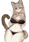 anthro arm_tuft big_breasts bikini black_bikini black_clothing black_swimwear bodily_fluids bow_ribbon breasts brown_body brown_fur brown_hair clothing eyebrows eyelashes eyewear female flying_sweatdrops fur glasses hair hands_on_hips inner_ear_fluff kemono looking_at_viewer markings round_glasses shoulder_tuft side-tie_bikini solo spots spotted_body spotted_fur string_bikini sweat sweatdrop swimwear teal_eyes thick_thighs tuft two-piece_swimsuit wide_hips sai_(artist) felid leopard mammal pantherine 2024 hi_res