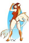 anthro blue_eyes butt butt_pose clothed clothing female fin grin hair hat headgear headwear lifeguard one-piece_swimsuit orange_hair partially_clothed pose rear_view sharp_teeth simple_background smile solo swimwear tail tail_fin teeth tipping_hat katfishcom fish marine shark hi_res