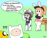 2020 adventure_time anthro bottomwear breasts brother_(lore) brothers_(lore) brown_hair canid canine canis cartoon_network cleavage clothed clothing dialogue domestic_dog english_text felid female finn_the_human grass group hair hat headgear headwear hi_res human jake_the_dog lagomorph leporid male mammal orange_hair outside plant question_mark rabbit shirt shorts sibling_(lore) smile text tina_(tonytoran) tony_(tonytoran) tonytoran topwear white_body