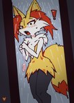 ambiguous_gender anthro bathing dropping_soap exclamation_point fangs fur shower showering soap solo teeth walk-in wet wet_body wet_fur heartear18 nintendo pokemon braixen generation_6_pokemon pokemon_(species) hi_res