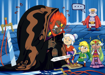 beard blonde_hair blush bodily_fluids broken_weapon bruised crying dark_body dark_skin ellipsis facial_hair hair hair_bun melee_weapon not_furry orange_hair pale_skin shield smile sparkles sword tears weapon white_hair dfanart nintendo the_legend_of_zelda wind_waker daphnes_nohansen_hyrule ganondorf link link's_grandma princess_zelda toon_link toon_zelda humanoid hylian hi_res
