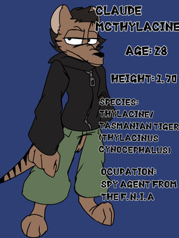anthro black_hair bottomwear brown_body clothing hair jacket male pants solo tail text topwear wannapossums dasyuromorph mammal marsupial recently_extinct_species thylacine 3:4 english_text model_sheet