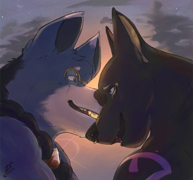 affectionate anthro black_body black_fur black_nose blue_body blue_eyes blue_fur bodily_fluids braided_hair cloud cosmic_background crying duo evening eye_makeup eyeliner eyewear facial_piercing fur glasses glistening gold_nose_ring golden_inner_ear golden_markings hair makeup male male/male nose_piercing nose_ring piercing ponytail ponytail_over_shoulder ring_piercing sharp_teeth side_profile sky star starry_background starry_sky sunset tears teeth tender tenderness white_tipped_ears zxcy3ber adastra adastra_(series) echo_project khemia neferu_(adastra) scipio_(khemia) anubian_jackal canid canine canis jackal mammal wolf hi_res
