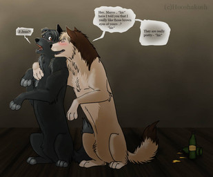 ambiguous_gender black_body black_fur blush brown_body brown_fur dialogue drunk duo feral feralized flirting fur substance_intoxication tan_body tan_fur text ouivon attack_on_titan jean_kirstein marco_bodt canid canine canis domestic_dog mammal 2013 english_text