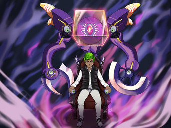 ambiguous_gender blade chair dark_body dark_skin duo furniture male markings master multi_eye pincers spikes throne weapon yu-gi-oh! crimson_nova_the_dark_cubic_lord crimson_nova_trinity_the_dark_cubic_lord duel_monster human mammal monster 4:3