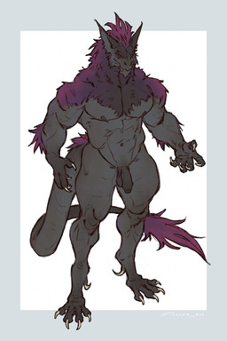 5_fingers abs anthro arm_tuft balls claws digitigrade elbow_tuft facial_hair feet finger_claws fingers flaccid foreskin fur genitals grey_body grey_fur hair humanoid_genitalia humanoid_penis male muscular muscular_anthro muscular_male nipples nude nude_anthro nude_male pecs penis pointy_ears prick_ears purple_hair red_eyes simple_background solo standing tail tail_tuft toe_claws toes tuft taran_fiddler thadius ambiguous_species 2025 digital_media_(artwork) digital_painting_(artwork) hi_res painting_(artwork)