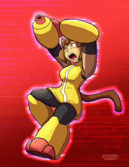 angry anthro arm_cannon clothed clothing falling fangs female glitch looking_up red_background scene_parody simple_background solo tail teeth weapon_arm thony_dog capcom gameoverse glitch_productions mega_man_(series) mega_man_x_(series) kit_bodega domestic_cat felid feline felis mammal