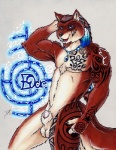 animal_genitalia anthro balls chest_tuft ear_piercing feathers fur genitals jewelry male markings moon muscular muscular_anthro muscular_male necklace nude penis penis_tip piercing pose sheath solo tail tattoo tribal tuft daelyhelaxon canid canine canis mammal wolf pinup