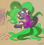 bodily_fluids clothing female feral fur green_eyes hair long_hair mirror simple_background skinsuit solo tears tight_clothing upset conditional_dnp skoon friendship_is_magic hasbro my_little_pony mane-iac_(mlp) equid equine horse mammal pony 2016