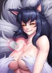 breasts convenient_censorship covering covering_breasts covering_self eyelashes fangs female hair heart_symbol long_hair looking_at_viewer multi_tail nude smile solo tail tail_censorship teeth yellow_eyes gonster league_of_legends riot_games tencent ahri_(lol) animal_humanoid canid canid_humanoid canine canine_humanoid fox fox_humanoid humanoid mammal mammal_humanoid hi_res