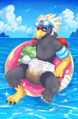 3_fingers 3_toes animal_feet anthro arm_floatie back_wings beak black_claws black_eyes black_finger_claws black_talons black_toe_claws blue_cere blue_eyewear blue_goggles cere_(anatomy) claws closed_smile clothed clothing cloud dangling_legs detailed_background diaper diaper_fetish diaper_use donut_pool_toy eyewear eyewear_on_head feather_hair feathered_crest feathered_wings feathers feces feet finger_claws fingers floatie floating floating_on_water foot_in_water front_view glistening glistening_eyes goggles goggles_on_head grey_arms grey_body grey_face grey_feathers grey_legs head_crest leg_in_water looking_at_viewer male mountain mouth_closed multicolored_body multicolored_feathers plushie pokemorph pool_float pseudo_hair red_arms red_back red_body red_feathered_crest red_feathers red_wings scuted_arms scuted_feet scuted_hands scuted_legs scutes sea sitting sky skyscape smile smiling_at_viewer soiled_diaper solo sparkles star talon_hands talons tan_feather_hair text three-quarter_view toe_claws toes unclean_diaper used_diaper water wearing_diaper white_feathered_crest wings yellow_arms yellow_beak yellow_feet yellow_hands yellow_legs fructoruu nintendo pokemon fan_character nado_soarian substitute_doll accipitrid accipitriform avian bird braviary eagle generation_5_pokemon pokemon_(species) 2025 artist_name colored digital_drawing_(artwork) digital_media_(artwork) hi_res portrait