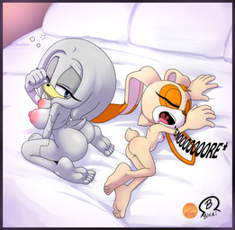 5_fingers 5_toes anthro areola big_butt biped bodily_fluids breast_size_difference breasts butt butt_size_difference drooling duo eyelashes eyes_closed feet female fingers grey_body grey_hair hair humanoid_feet kneeling loli looking_back lying nipples nude on_side pillow plantigrade pupils saliva sleeping soles tail tan_body thick_thighs toes young blaski zeta_r-02 sega sonic_the_hedgehog_(series) cream_the_rabbit zeta_the_echidna lagomorph leporid mammal rabbit hi_res