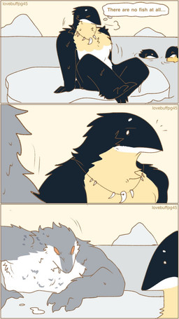 ambiguous_gender anthro black_body black_fur casual_nudity dot_eyes dripping_wet duo_focus emanata eyes_closed fluffy fur glacier grey_body grey_fur group ice jewelry looking_at_another male motion_lines muscular muscular_anthro muscular_male necklace necklace_only no_pupils nude on_ice orange_eyes outside partially_submerged raised_leg scary sea simple_eyes sitting text thought_bubble thoughts tooth_necklace water wet wet_body wet_fur white_eyes lovebuffpg45 background_character avian bird emperor_penguin leopard_seal mammal marine penguin pinniped seal comic hi_res signature