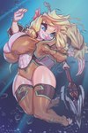 2023 2:3 abs anthro areola areola_slip big_breasts blonde_hair breasts cleavage clothed clothing female gills hair hybrid legwear long_hair melee_weapon muscular muscular_female nipples pink_nipples polearm solo swimming thefuckingdevil thigh_gap thigh_highs tied_hair trident underwater water weapon