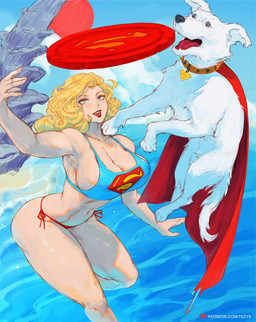 big_breasts bikini bikini_top blonde_hair blue_bikini_top blue_clothing blue_eyes blue_topwear breasts cape cleavage clothed clothed_female clothed_human clothing cloud collar day detailed_background duo eyebrows female female_human feral fingers flying frisbee fur hair light_body light_skin lips open_mouth partially_submerged paws pose red_bikini_bottom red_cape red_clothing red_sun sand sea sky standing sun superman_logo swimwear tail text topwear two-piece_swimsuit water white_body white_ears white_fur white_sclera white_tail tezy8 dc_comics superman_(series) krypto supergirl canid canine canis domestic_dog human kryptonian mammal 2025 digital_media_(artwork) english_description hi_res pinup url