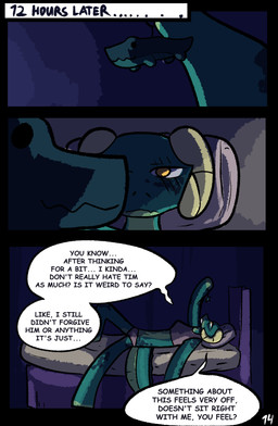 anthro bed clothing dialogue female furniture horn solo speech_bubble tail text underwear yellow_eyes brradett lernie_(brradett) scalie absurd_res colored comic digital_media_(artwork) english_text hi_res