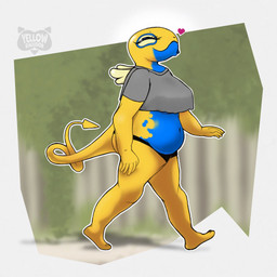 anthro belly big_belly big_breasts blue_belly breasts clothing female grey_clothing grey_shirt grey_topwear heart_symbol multicolored_body navel overweight overweight_anthro overweight_female shirt simple_background smile solo topwear two_tone_body walking wings yellow_body yellowracc nintendo pokemon dennysparce_(yellowracc) dunsparce generation_2_pokemon humanoid pokemon_(species) reptile scalie snake hi_res